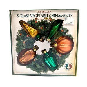 Vintage 1991 Vegetable Ornaments Hand Painted NOS Blown Glass Pickle Pumpkin